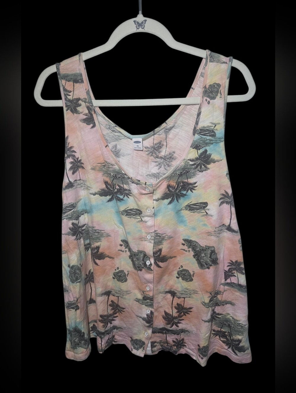 Old Navy Pastel Tie-Dye Palm-Print Button Tank Top